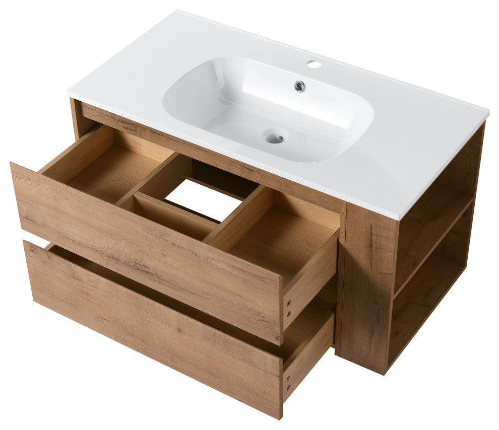 36" Plywood Wall Mounted Bath Vanity Set, Imitative Oak, Gel Basin