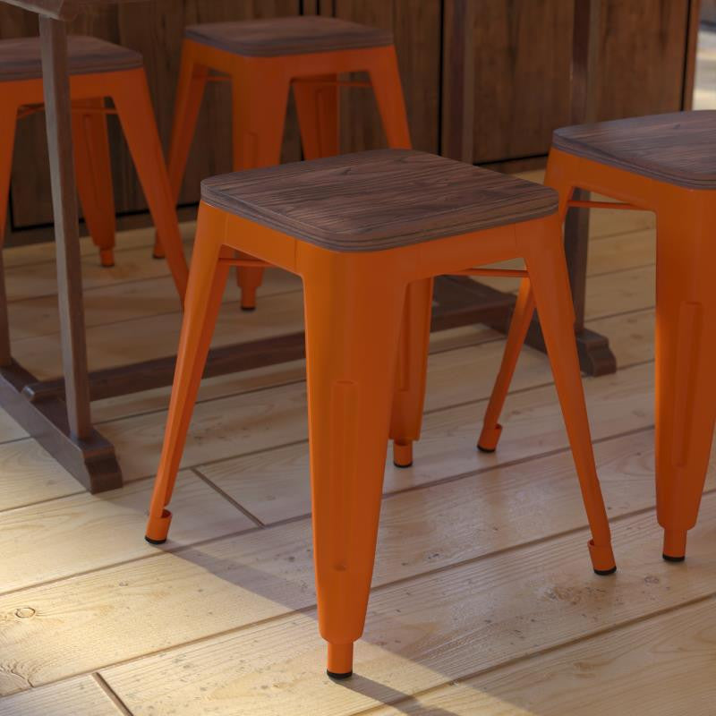 Kai Commercial Grade 18" Barstool with Wooden Seat, Stackable, Set of 4, Orange
