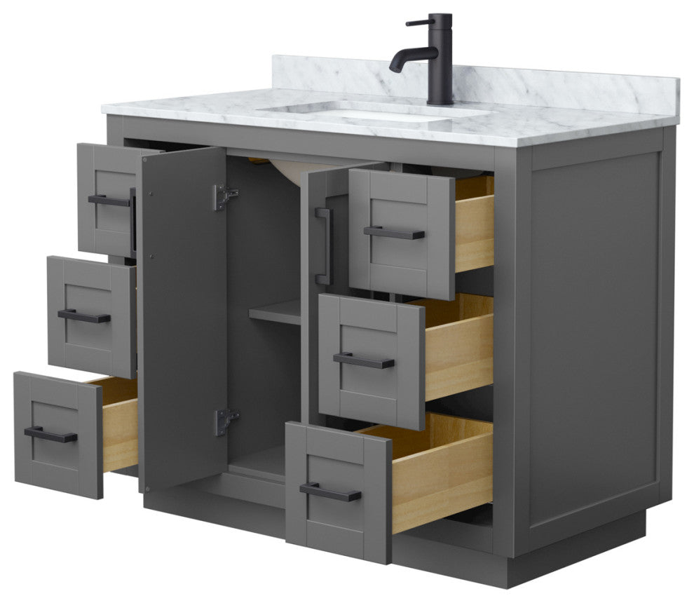 42" Single Bathroom Vanity, Dark Gray, Carrara Countertop, Sink, Black Trim