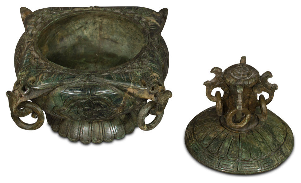 Hand Carved Chinese Jade Vessel with Floral Design and Removable Lid