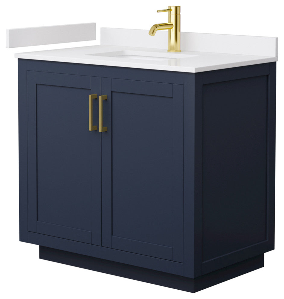36" Single Bath Vanity Dark Blue, White Cult. Marble Countertop, Sink, Gold Trim
