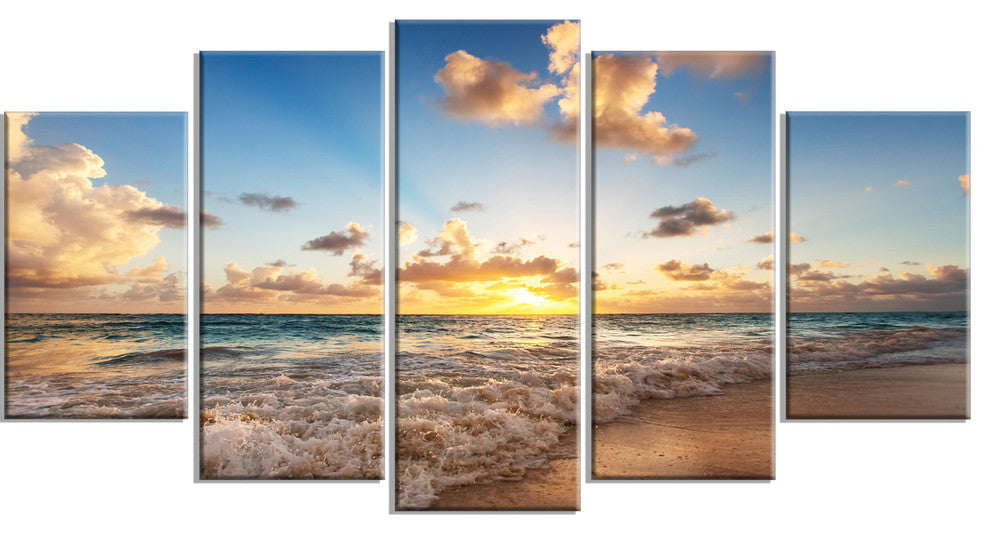 Sunrise on Beach of Caribbean Sea, Seashore Canvas Print, 60"x32", 5 Panels
