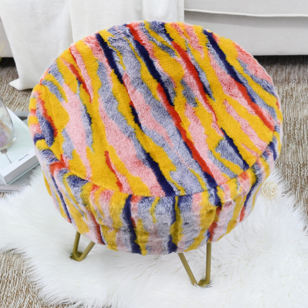 Multi Jacquard Faux Fur Round Ottoman, Orange, 18"x18"x8"