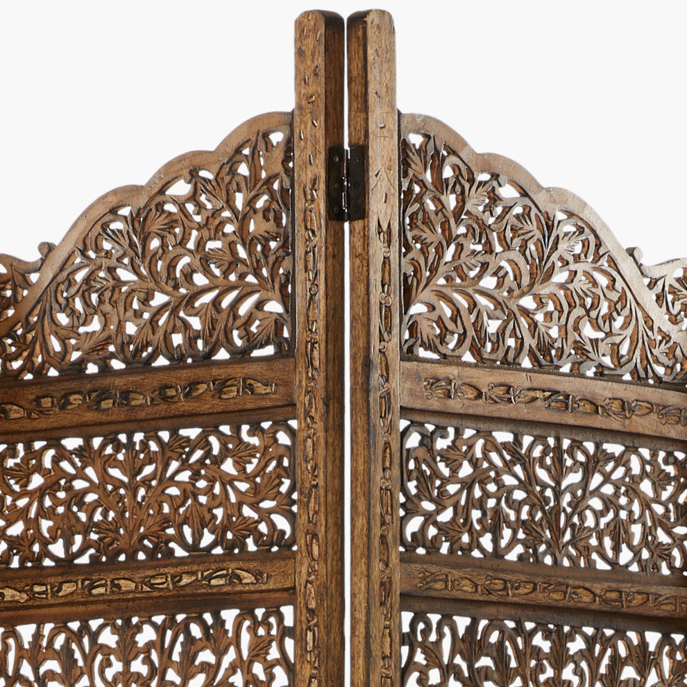 Benzara BM01875 Villa Este Wood Room Divider 4 Panels Carved Screen