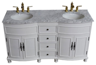 62" Double Sink Vanity Antique White Finish, White Marble Top