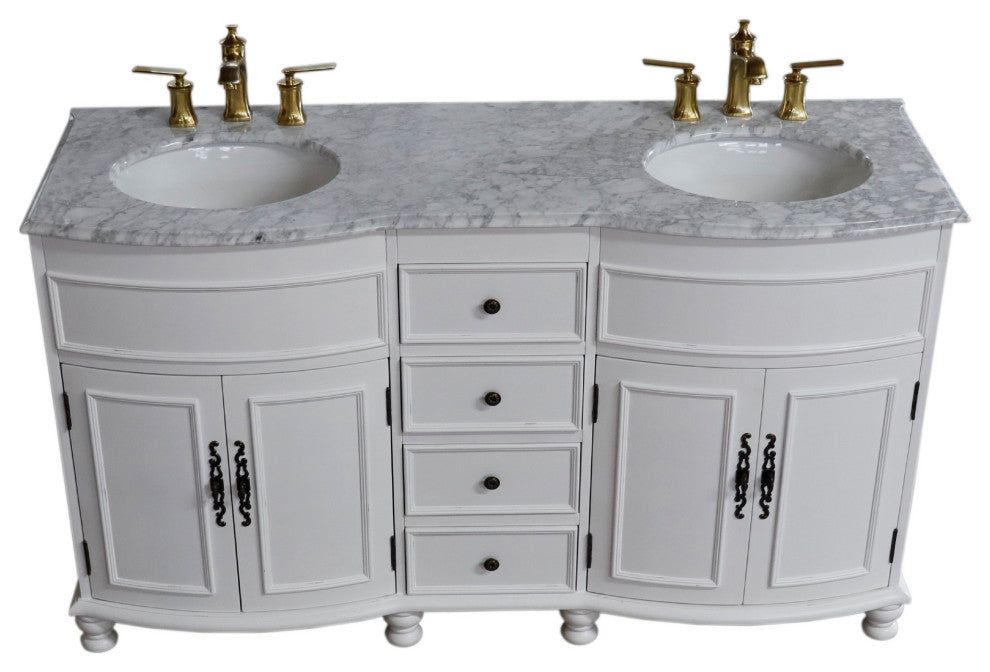 62" Double Sink Vanity Antique White Finish, White Marble Top