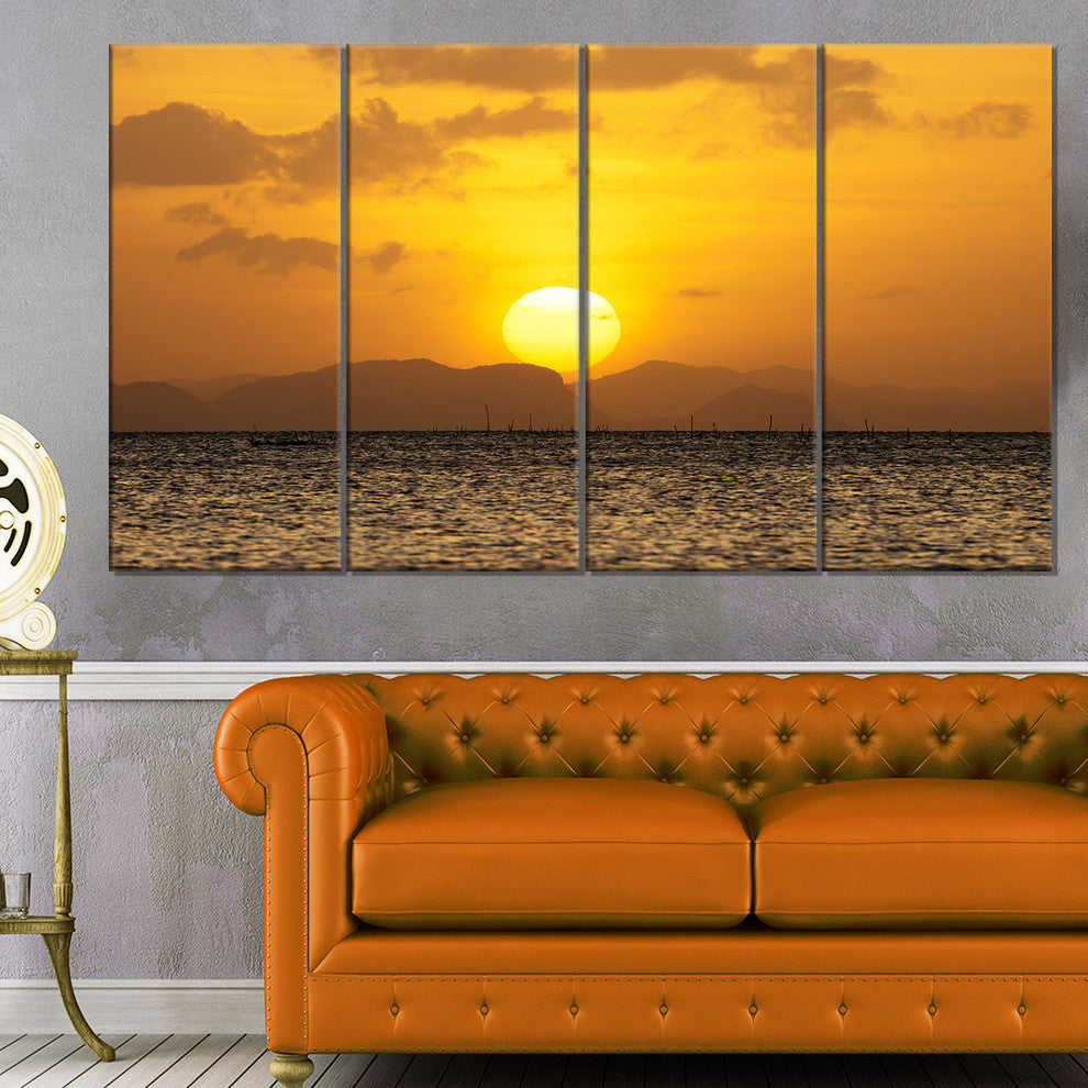 Yellow Sunset and Brown Ocean, Seashore Canvas Print, 48"x28", 4 Panels