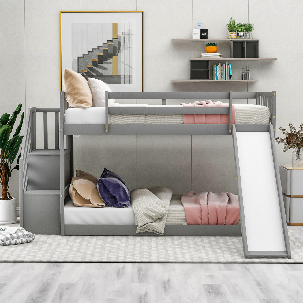 Twin over Twin Bunk Bed With Convertible Slide and Stairway, Gray