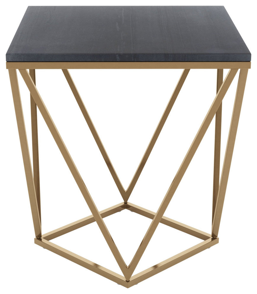 Sofa Side Table, Square, Artificial Marble, Iron Metal, Black, Antique Brass