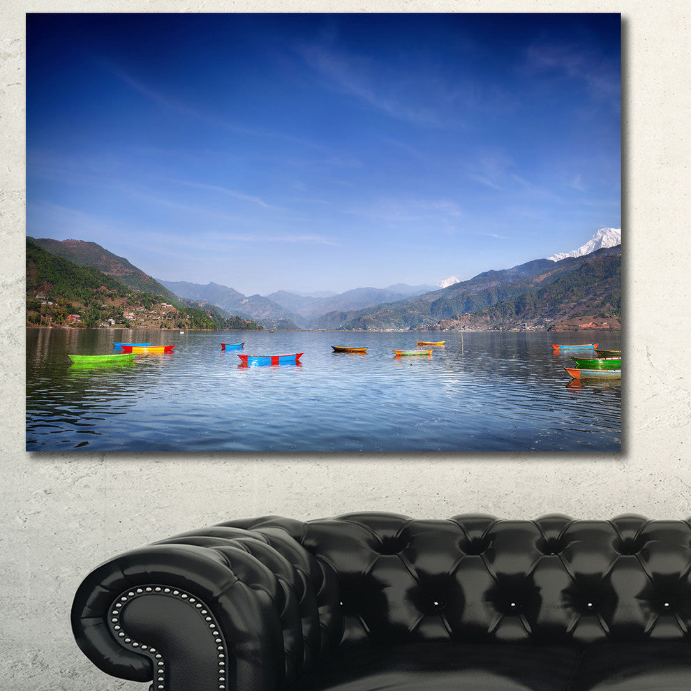 Boats in Pokhara Lake, Oversized Seashore Canvas Art Print, 60x40