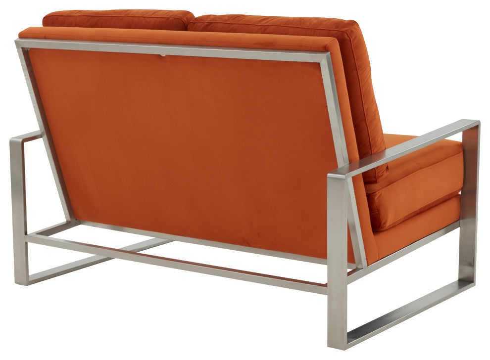 LeisureMod Jefferson Modern Design Velvet Loveseat With Silver Frame, Orange