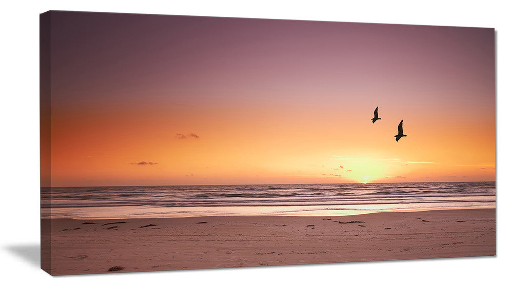 "Beach Sunset And Sea Gulls" Modern Seashore Canvas Art, 32"x16"