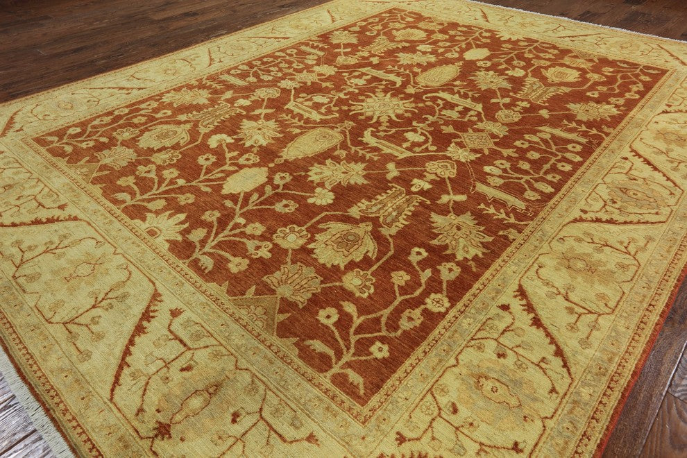 Orange Oushak Chobi Hand-Knotted Wool Rug, 9'x12'