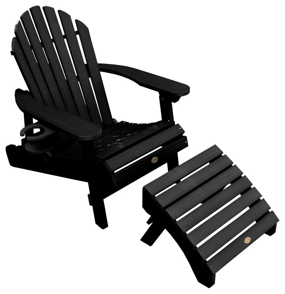 Hamilton Reclining Adirondack Chair Ottoman and Cup Holder, Black