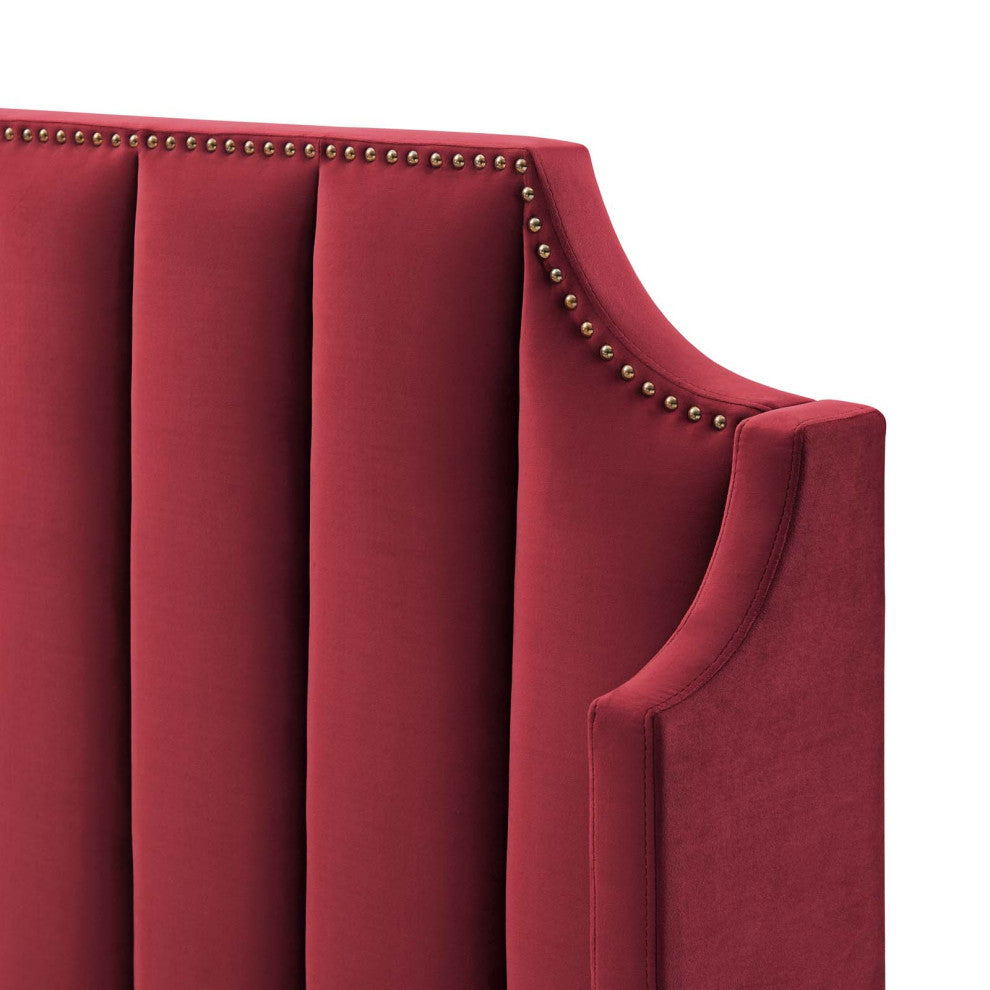 Platform Bed Frame, Queen Size, Velvet, Red, Modern Contemporary, Bedroom Master