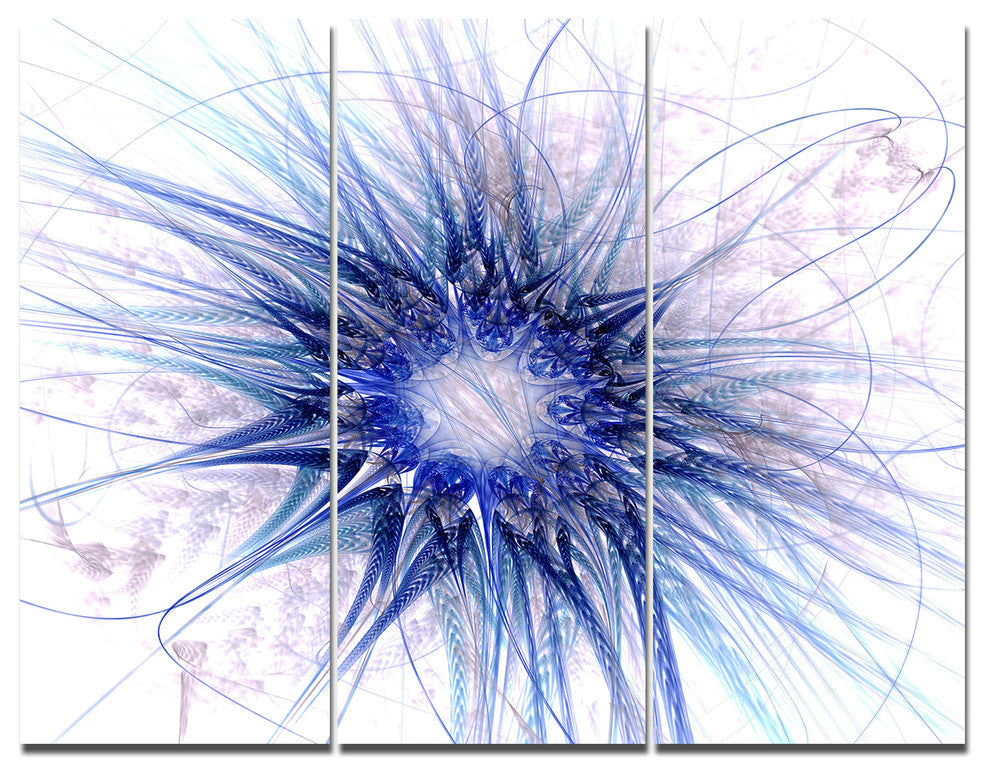 Blue Light Fractal Flower Texture, Abstract Triptych Canvas Art, 36x28, 3 Panels
