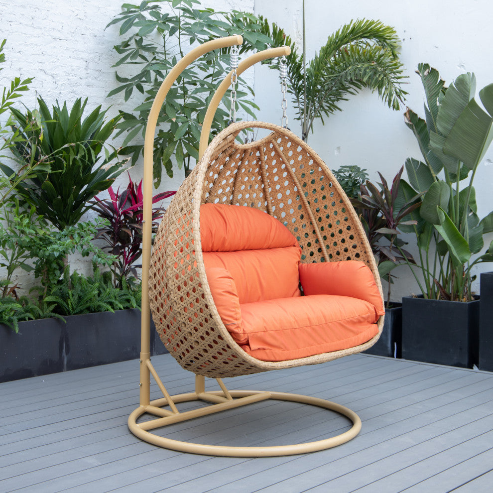 LeisureMod Mendoza Light Brown Wicker Hanging Double Egg Swing Chair, Orange