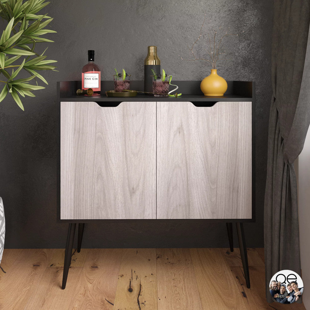 Retro Modern Storage Cabinet, Angled Legs & Doors With Cut Out Pulls, Black Oak
