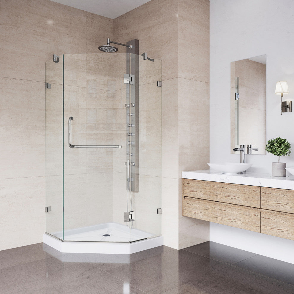 VIGO Piedmont Frameless Hinged Neo-Angle Shower Enclosure, Brushed Nickel, 36" D X 36" W, Low Base