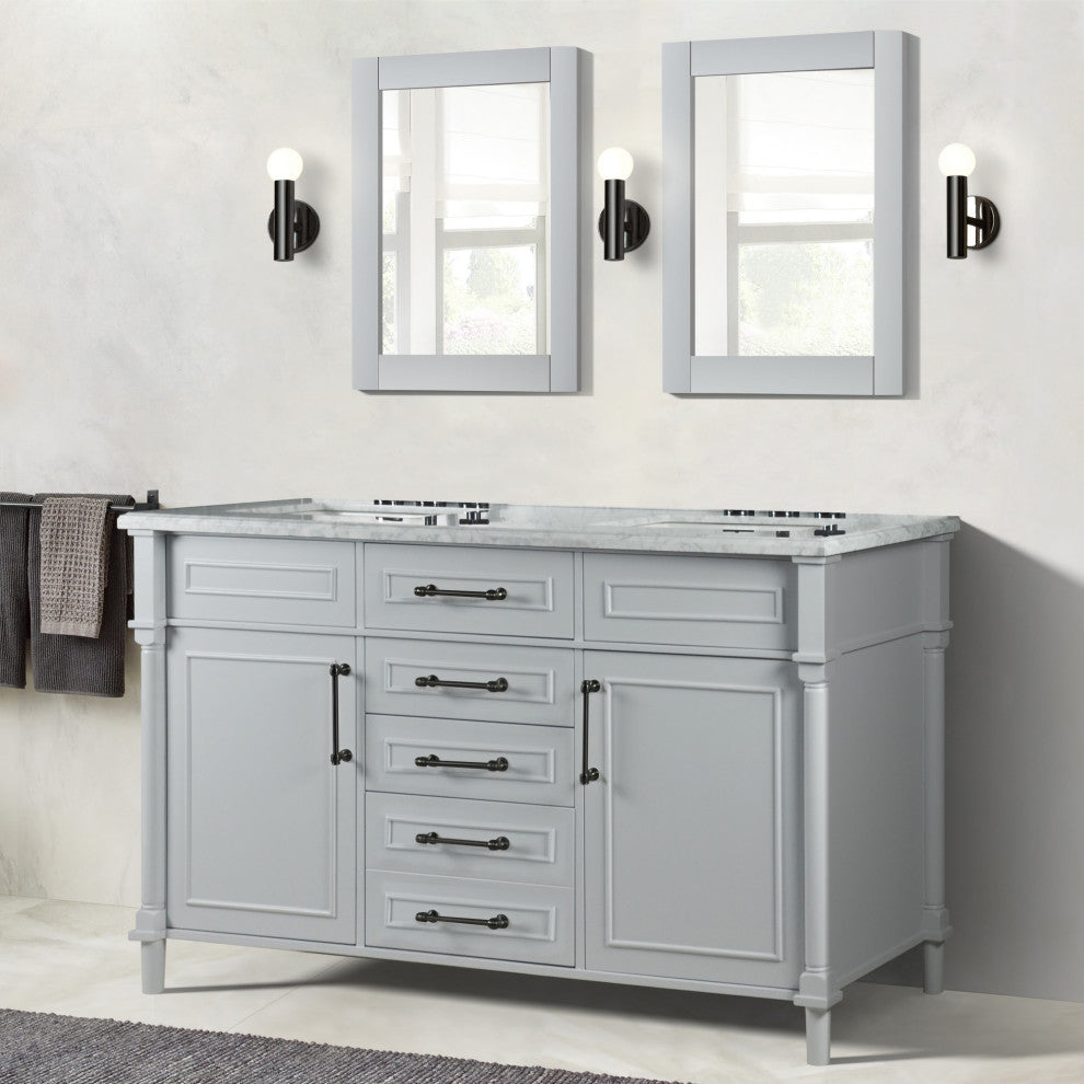 60" Double Vanity, Light Gray With White Carrara Marble Top
