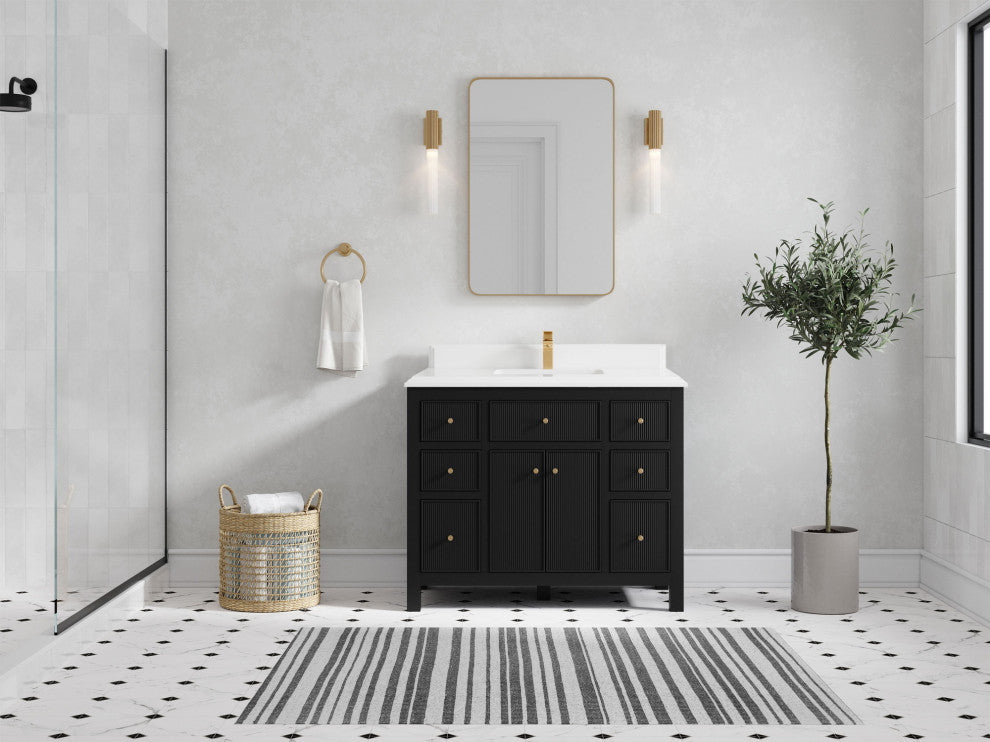 Sonoma 42 Single Sink Reeded Bath Vanity in Black 1.5" White Quartz