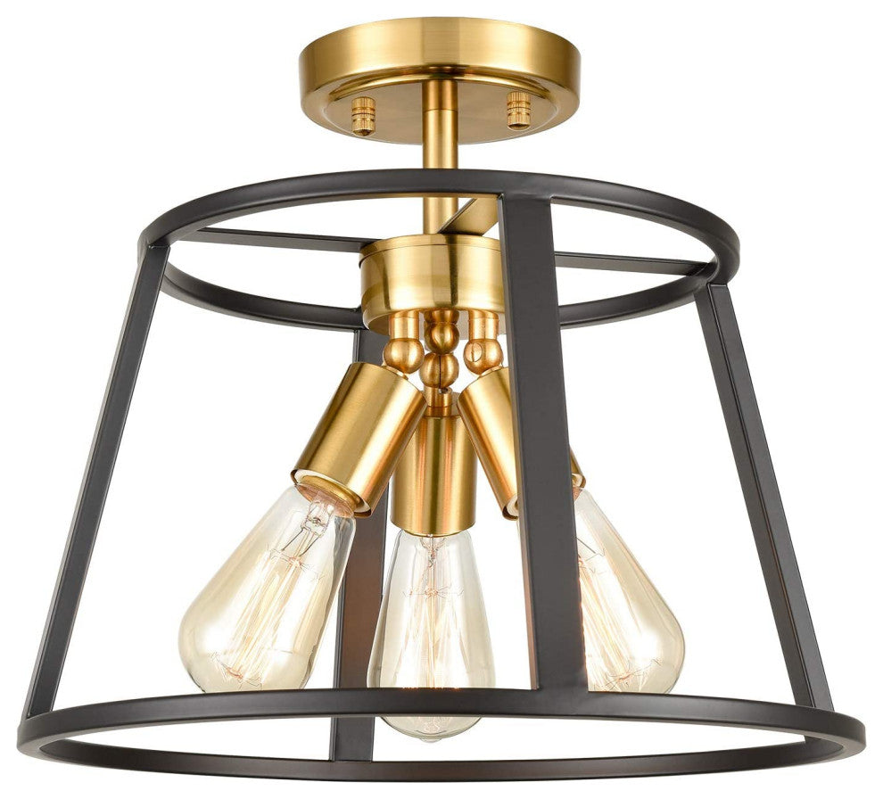 3 Light Semi Flush Mount, Cage Ceiling Lamp, Brass and Black