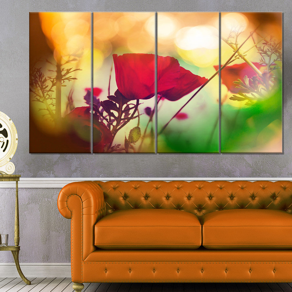 Poppy Flowers with Bokeh Background, Floral Canvas Art Print, 48"x28", 4 Panels