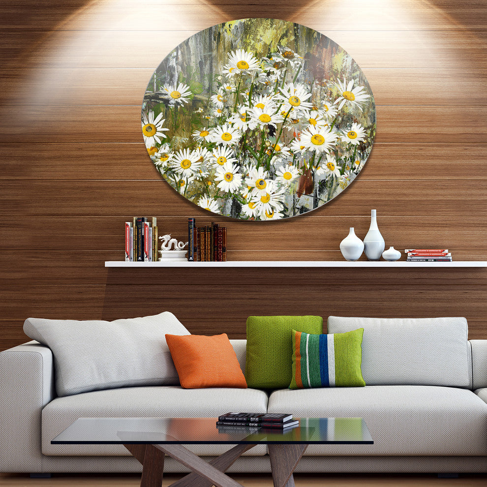 Daisies Flowers Under The Window, Floral Round Metal Wall Art, 23"