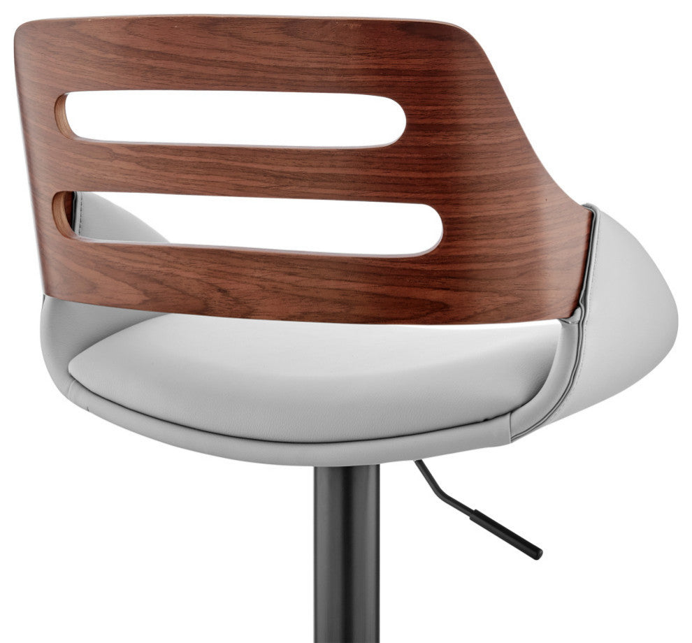 Karter Adjustable Faux Leather/Wood Barstool, Gray and Walnut With Black Base