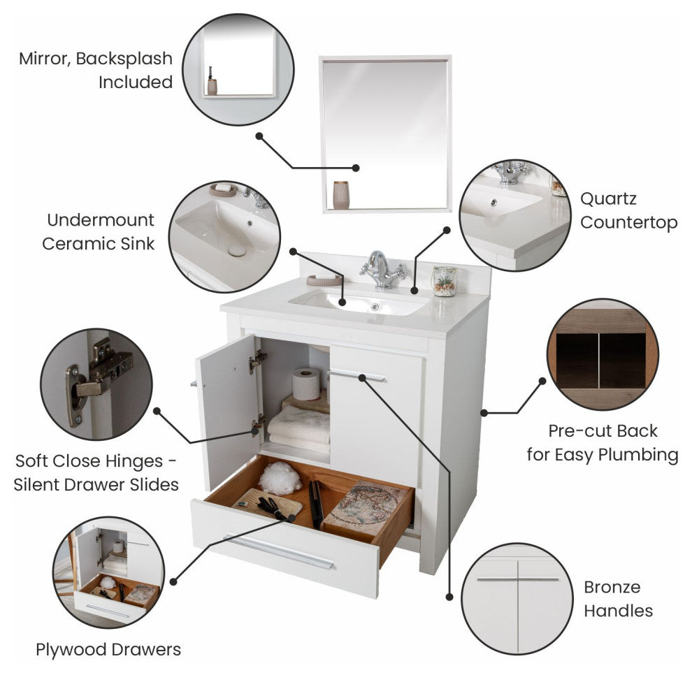 Mila Collection 30" Bathroom Vanity With Sink, Mirror, Countertop, Snow White