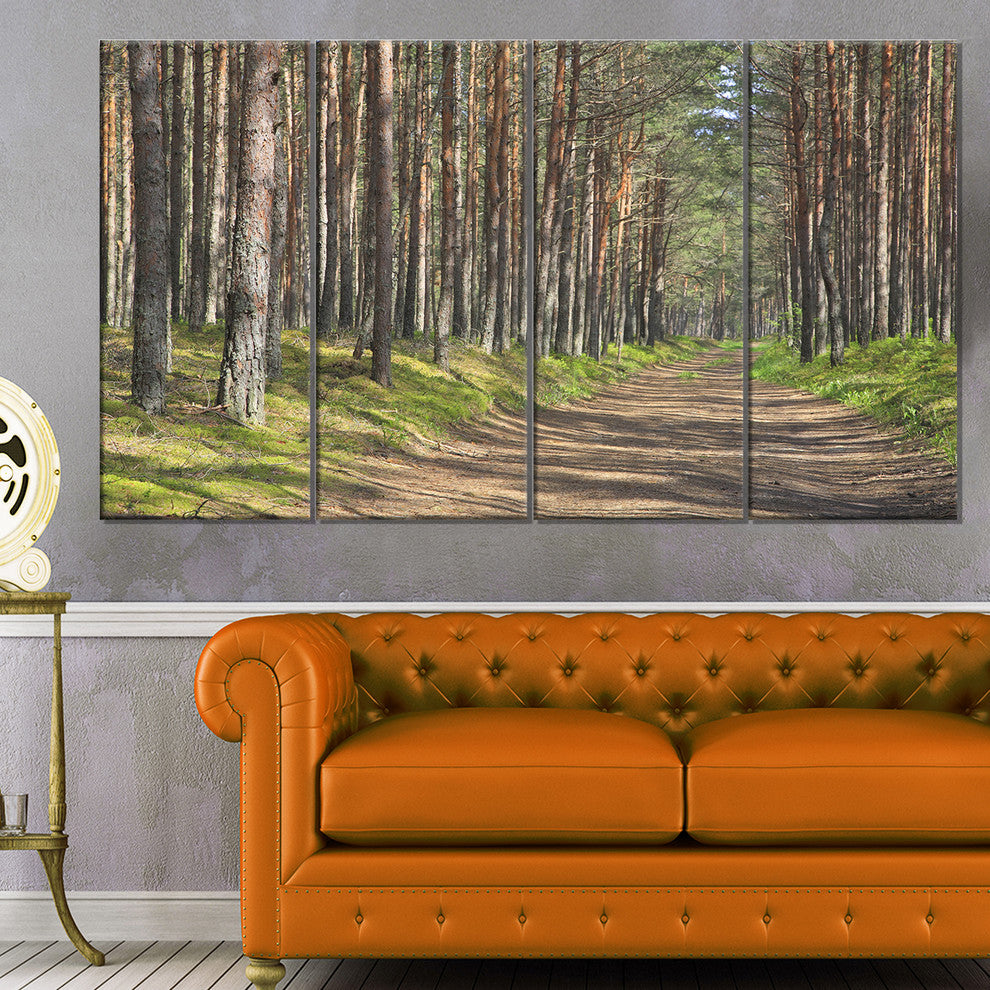 Beautiful Road Through Thick Woods, Modern Forest Canvas Art, 48"x28", 4 Panels