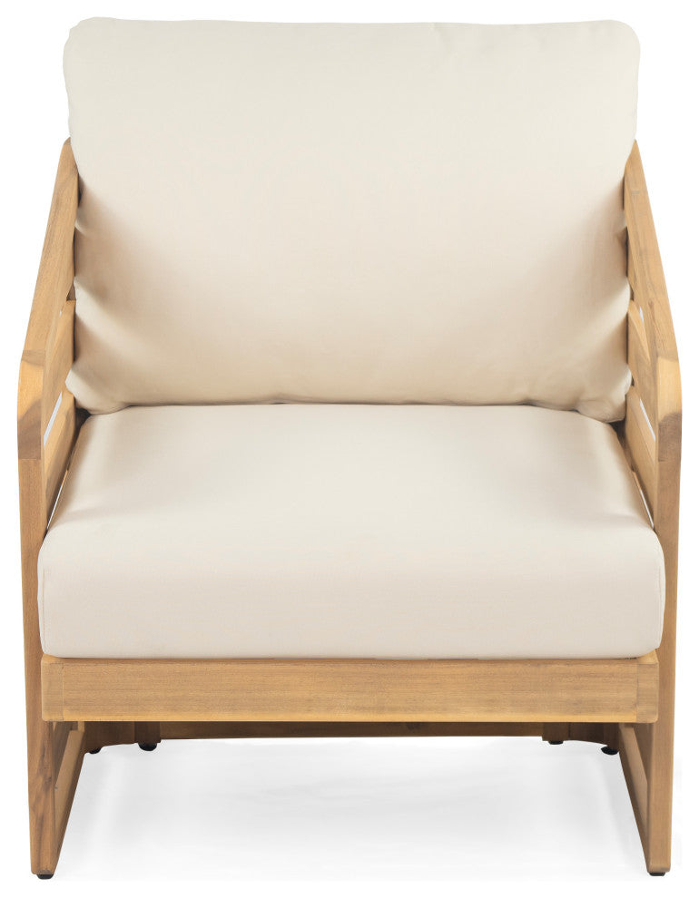 GDF Studio Outdoor Acacia Wood Club Chair with Waterproof Cushions, Teak Finish/Beige Cushion, Single