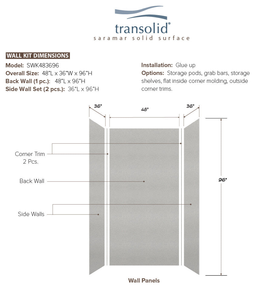 Transolid SaraMar 48"x36"x96" 3-Piece Shower Wall Kit, Grey Beach Velvet