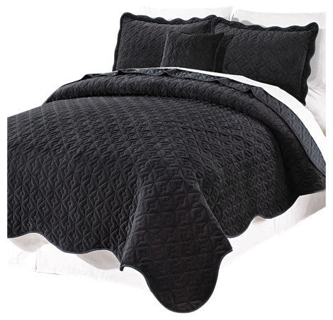 Diamond Square Quilted Coverlet 4-Piece Bedspread Set, Jet Black, King
