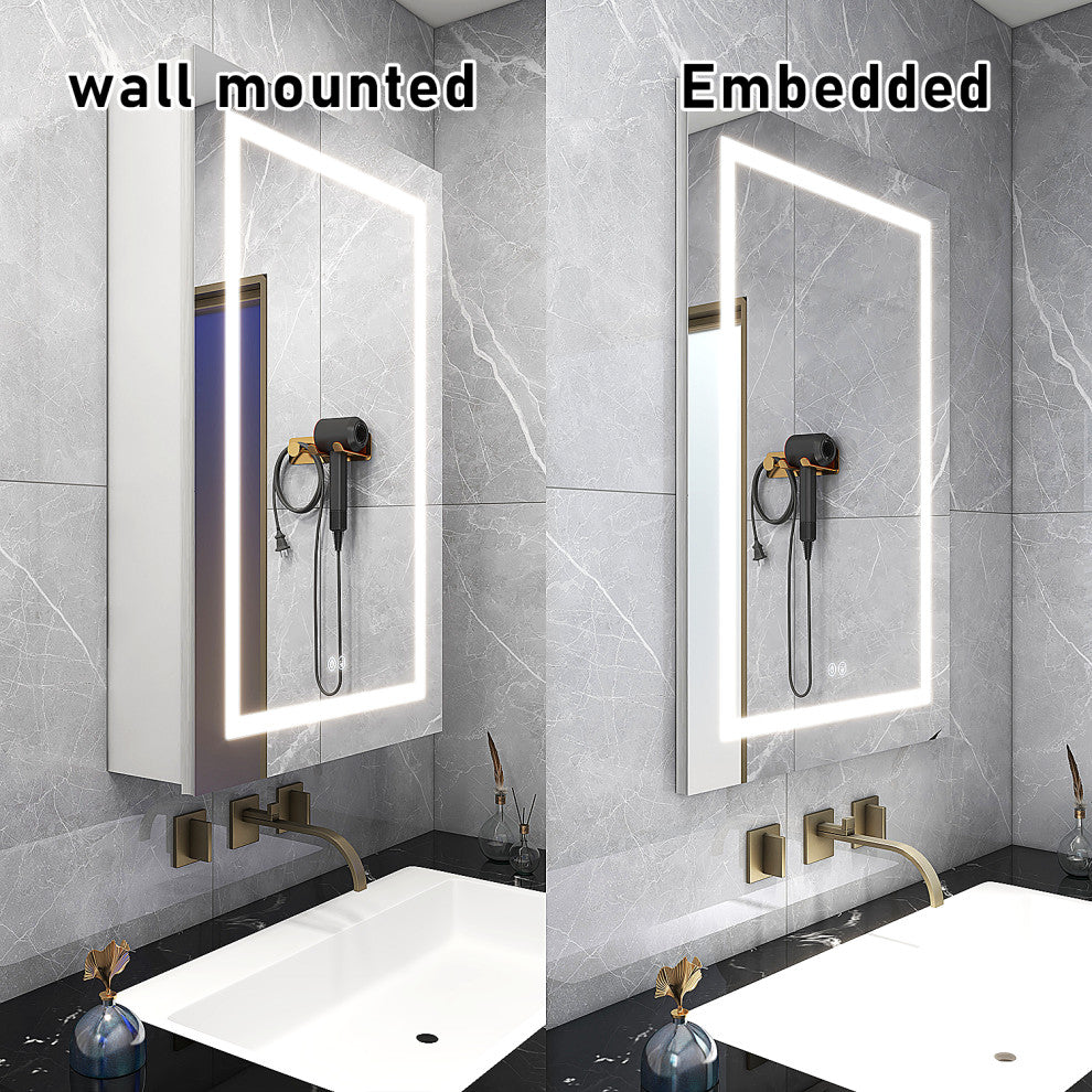 Recessed or Surface Mount Frameless Medicine Cabinet W/ LED Light & 2 Mirrors, Left Door