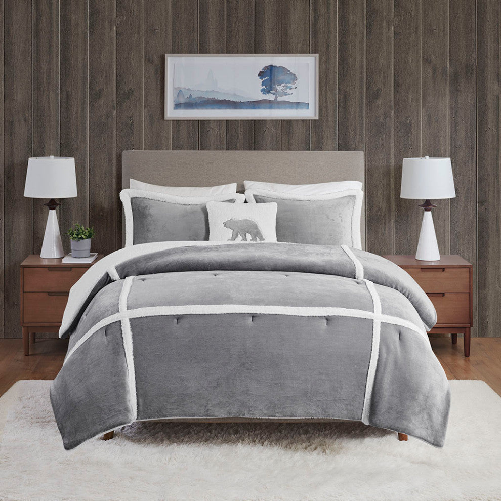 Woolrich Orlen Winter Cabin Plush to Sherpa Comforter Set, Gray
