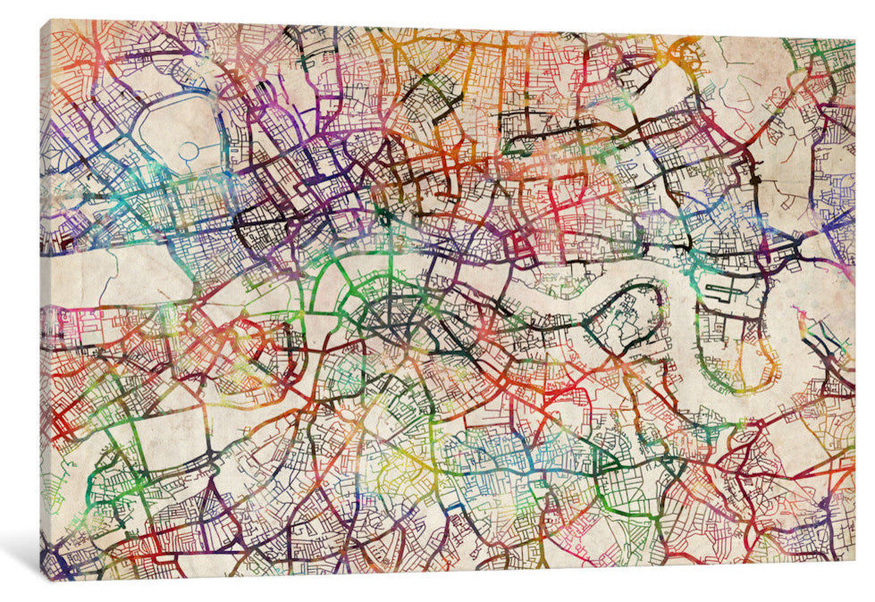"London Map Watercolor" by Michael Tompsett, Canvas Print, 40x26"