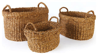 Sea Grass Oval Baskets With Cuffs, Set of 3
