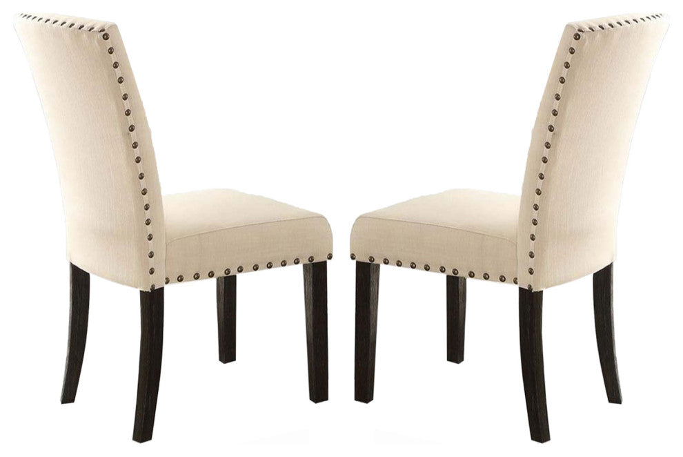 Set of 2 Beige Linen Side Chair, Salvage Dark Oak Finish