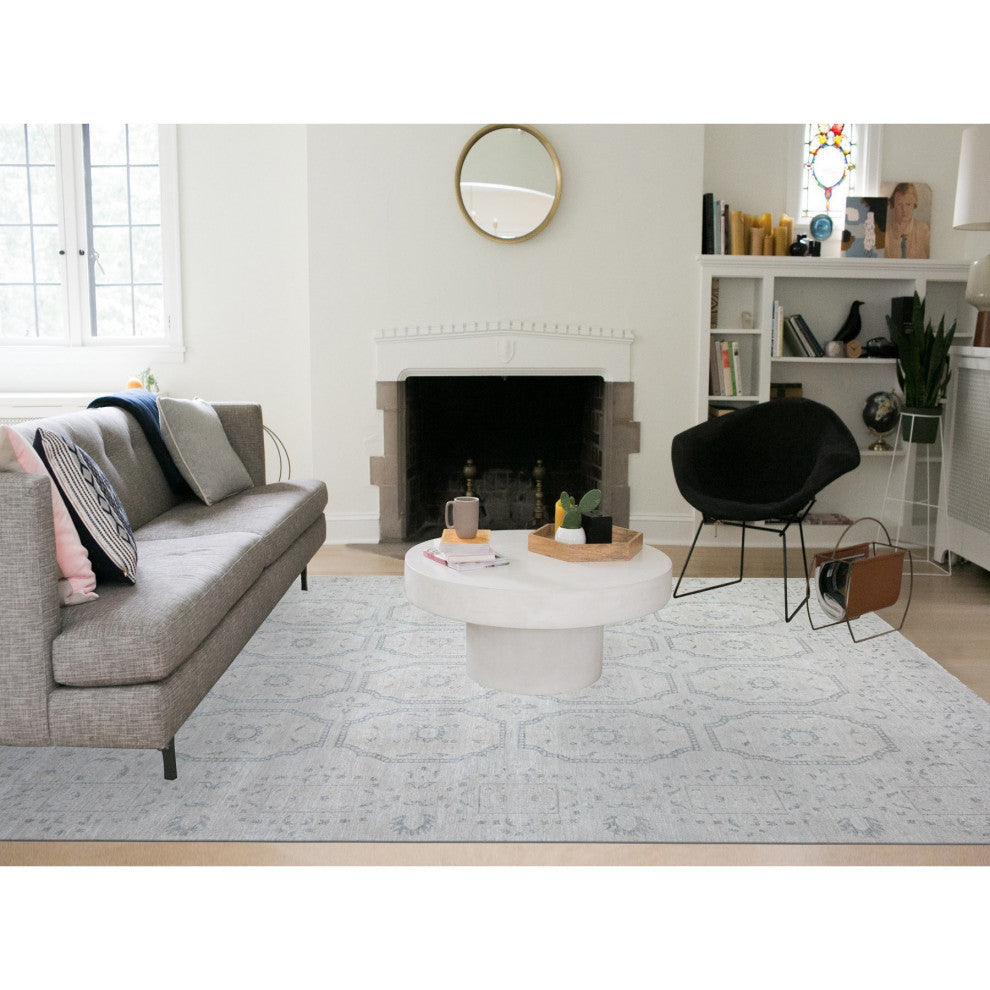 Ash Gray, Stone Washed Peshawar Wool Hand Knotted Oriental Rug, 9'x11'8"