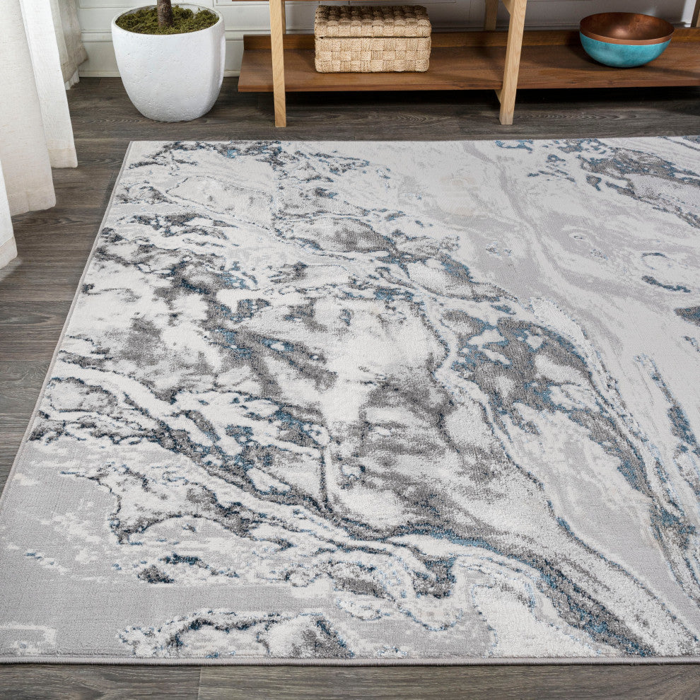 Swirl Marbled Abstract Area Rug, Gray/Blue, 4 X 6