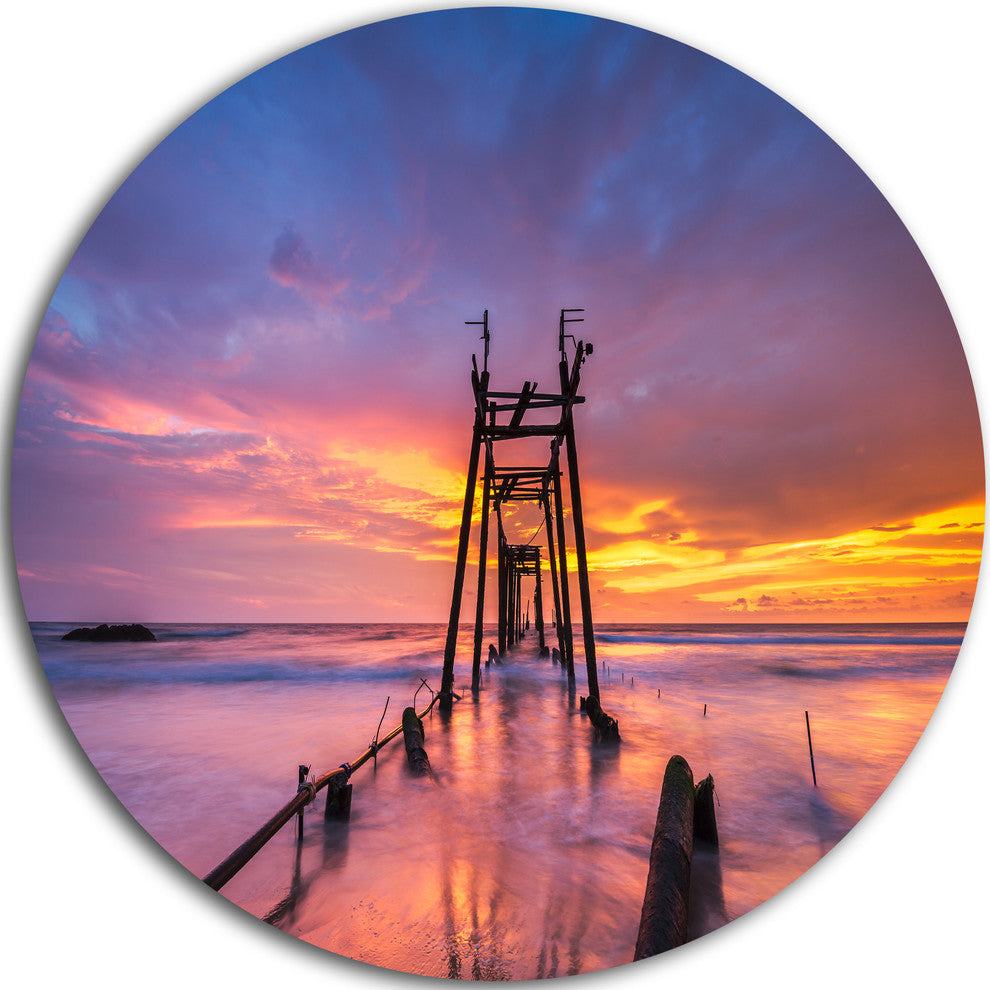 Broken Wooden Bridge At Sunset, Seascape Round Metal Wall Art, 11"