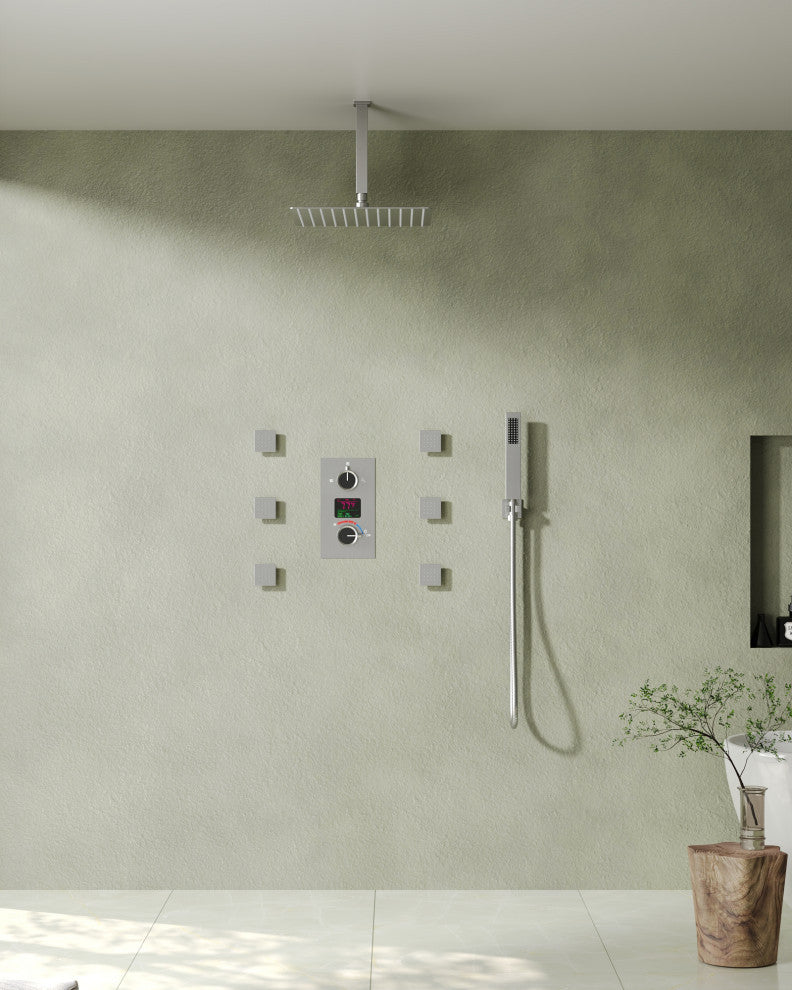 Digital Shower System 12" Rainfall Shower Head With 6 Body Jets, Brushed Nickel