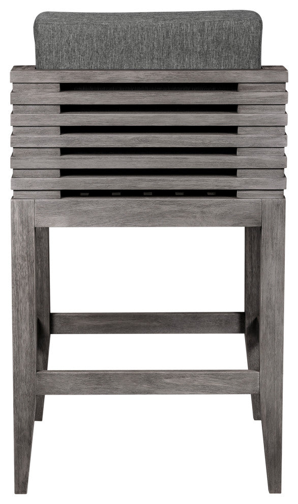 Vivid Outdoor Patio Bar Stool, Gray Eucalyptus Wood With Gray Olefin Cushions