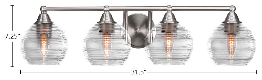 Paramount 4-Light Bath Bar, Brushed Nickel, 6" Clear Ribbed Glass