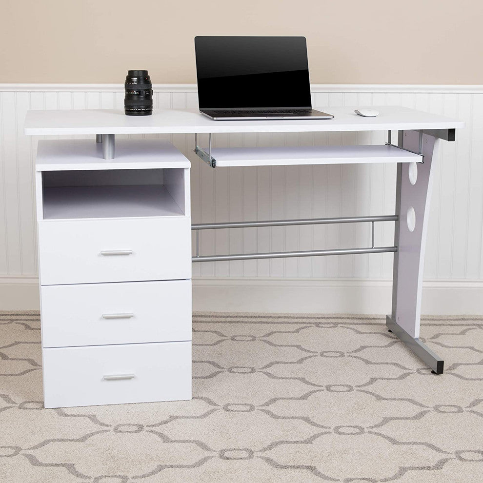 Modern White Desk with Three Drawer Pedestal and Pull-Out Keyboard Tray