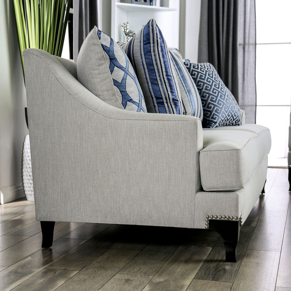 Chenille And Wooden Love Seat with Sloped Arms Design, Light Gray