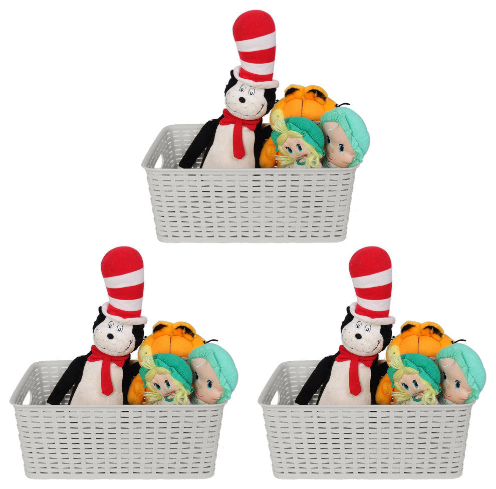 Plastic Rattan Storage Box Basket Organizer, Gray, Medium-Pack of 3