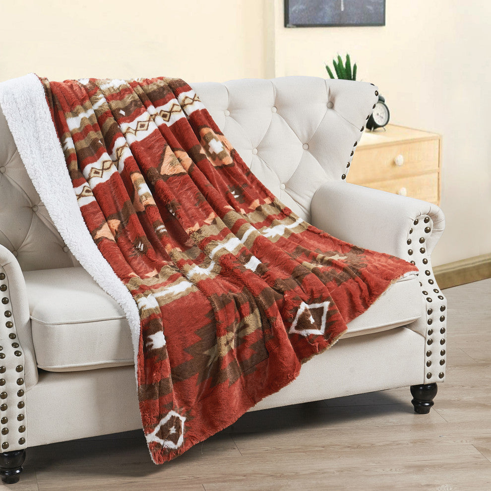 Southwest Faux Fur & Sherpa Backing Throw Blanket, Brick Red, 50" X 60"