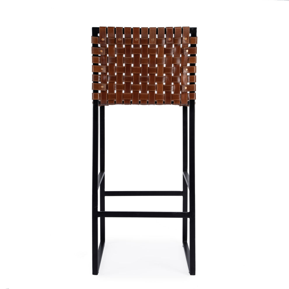 Urban Woven Genuine Leather Rectangular  28" Barstool, Brown
